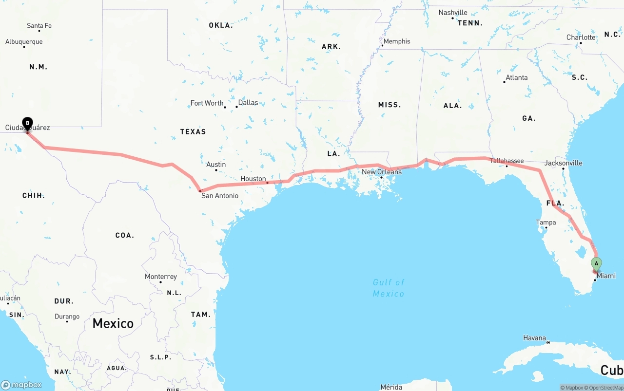 Shipping route from Port of Port Everglades to El Paso