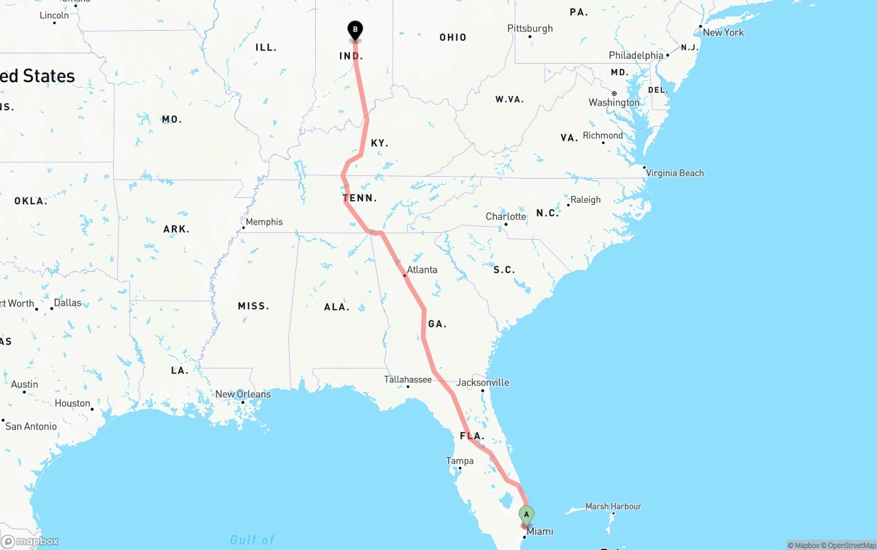 Shipping route from Port of Port Everglades to Indiana