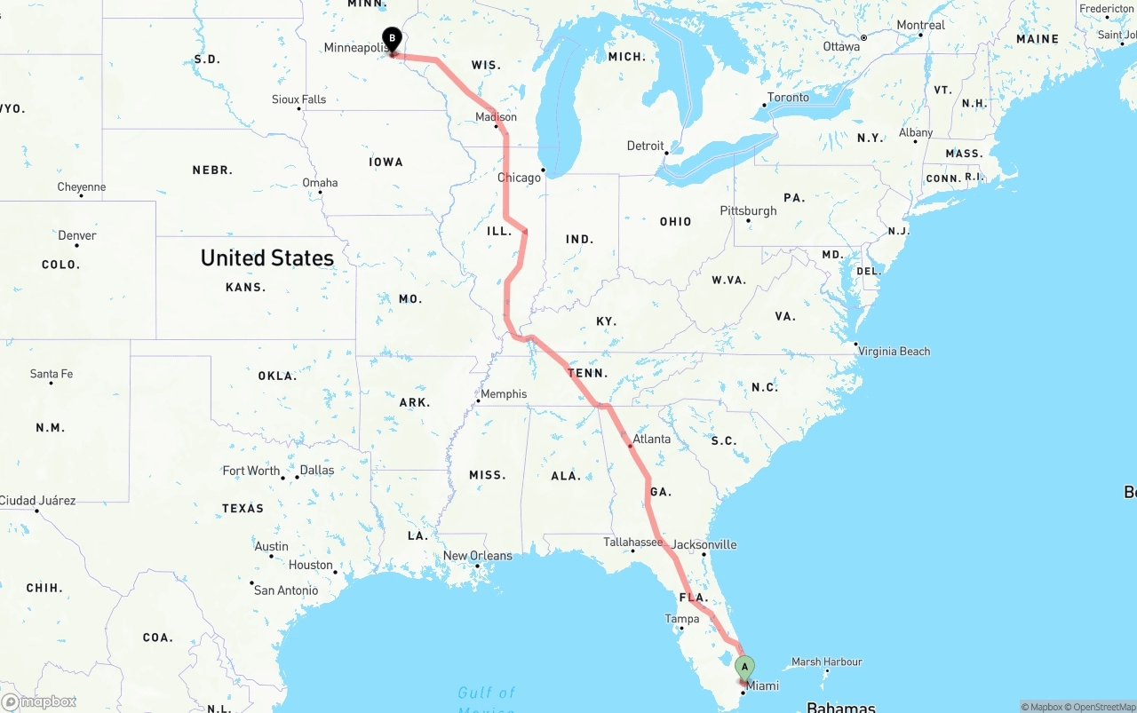 Shipping route from Port of Port Everglades to Minneapolis