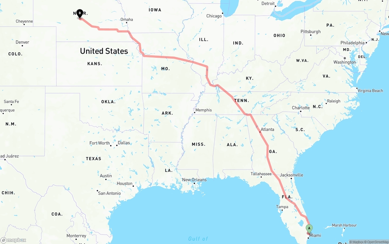 Shipping route from Port of Port Everglades to Nebraska