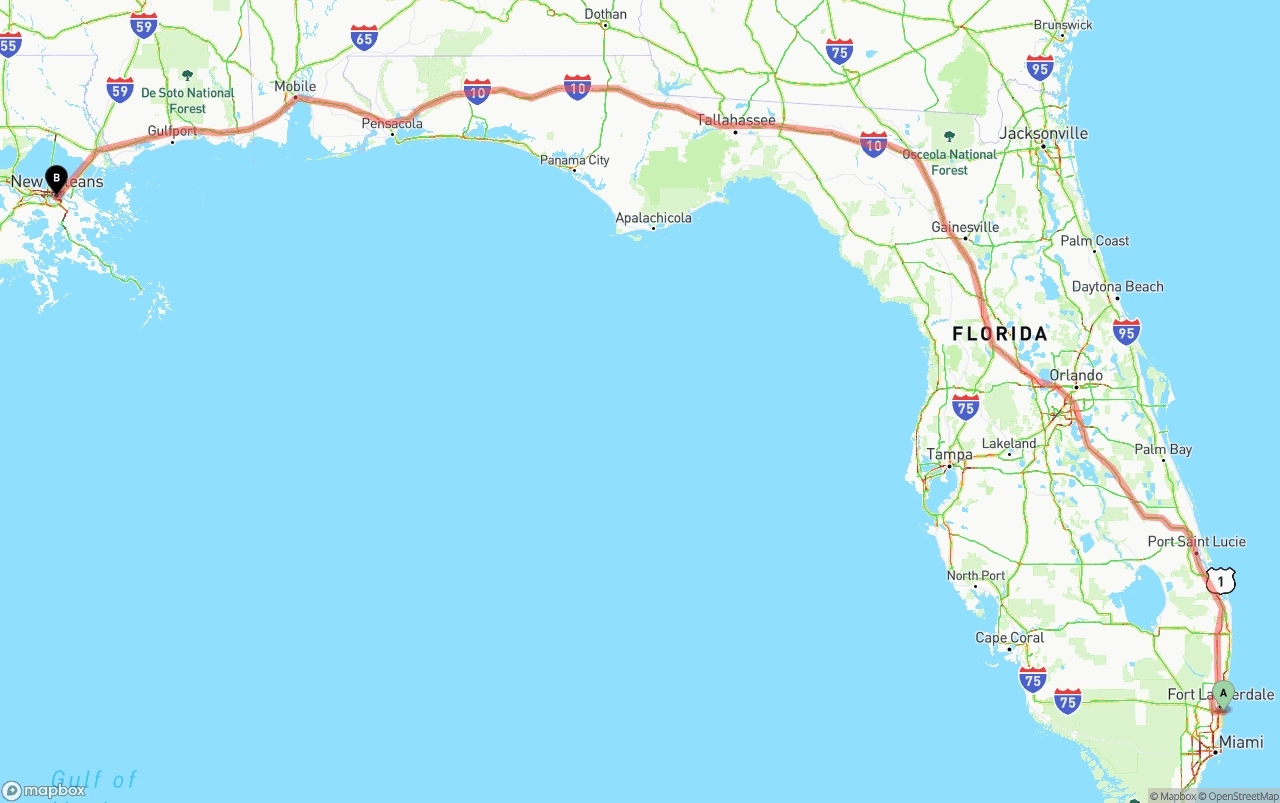 Shipping route from Port of Port Everglades to New Orleans