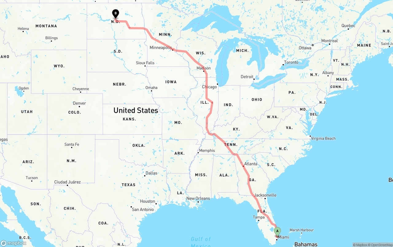 Shipping route from Port of Port Everglades to North Dakota