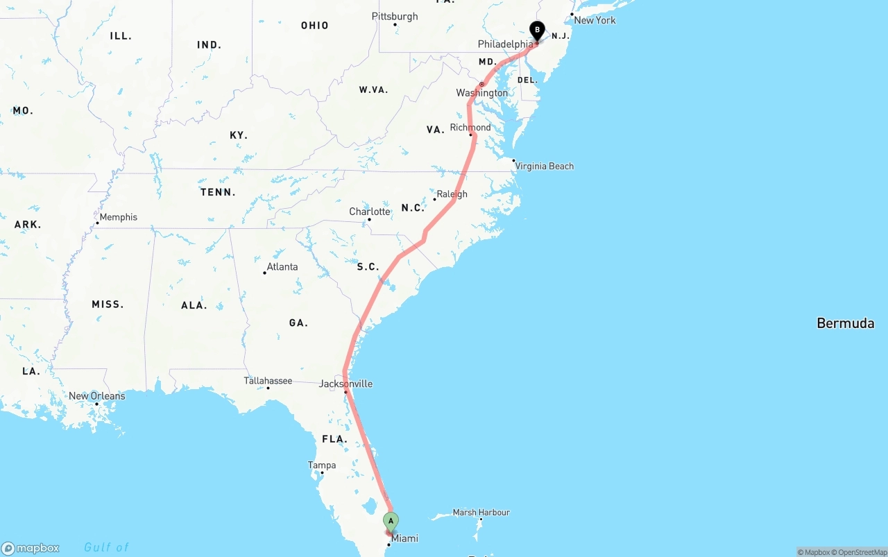 Shipping route from Port of Port Everglades to Philadelphia