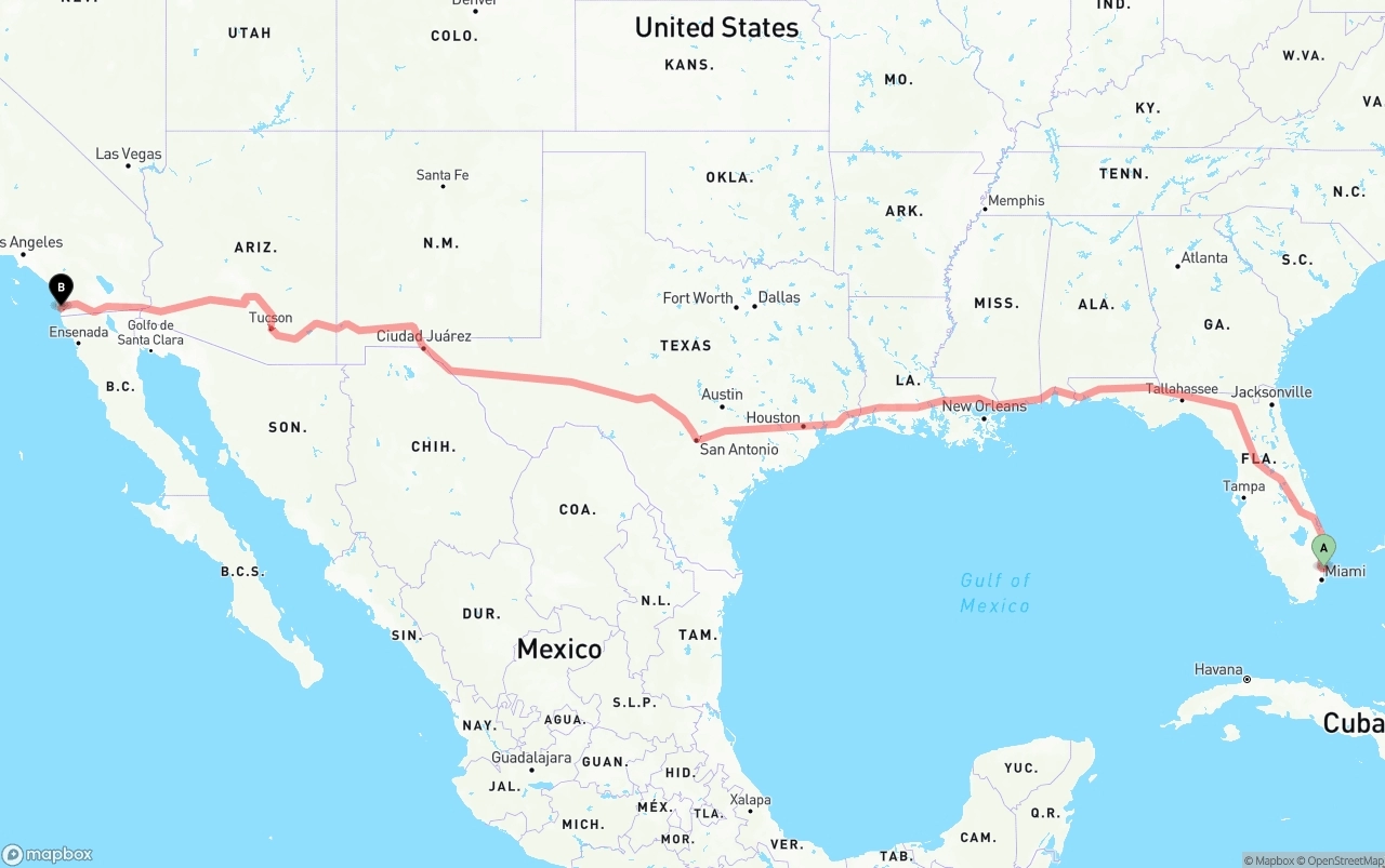 Shipping route from Port of Port Everglades to San Diego