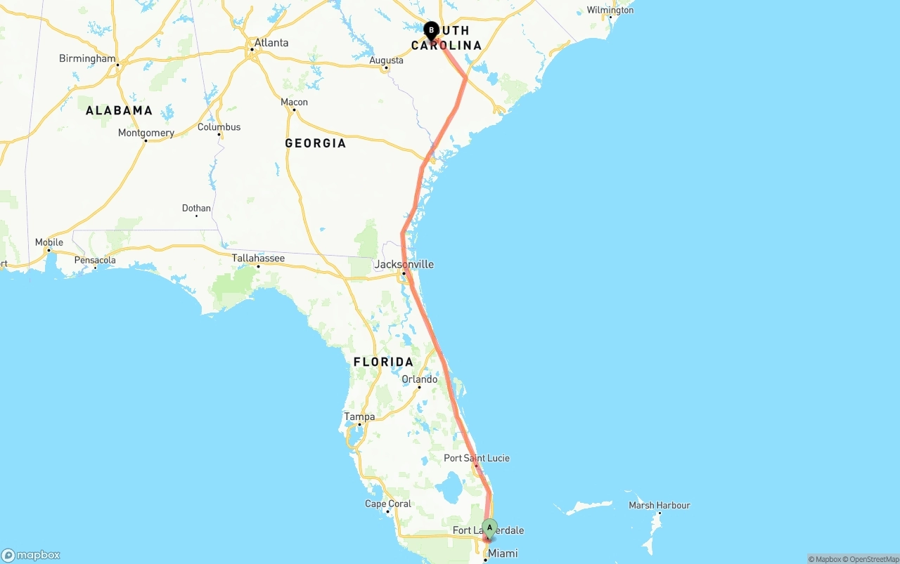 Shipping route from Port of Port Everglades to South Carolina