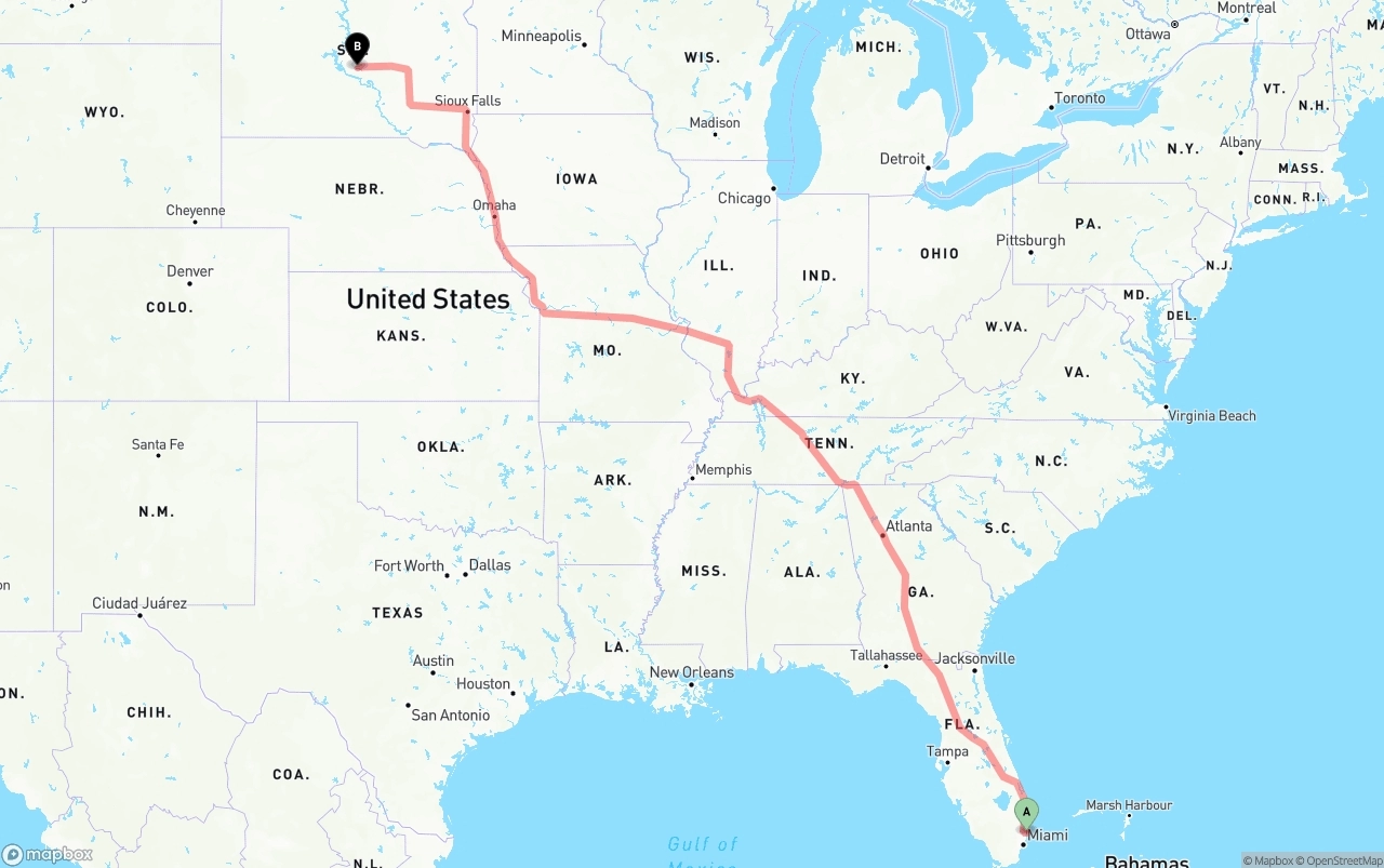 Shipping route from Port of Port Everglades to South Dakota