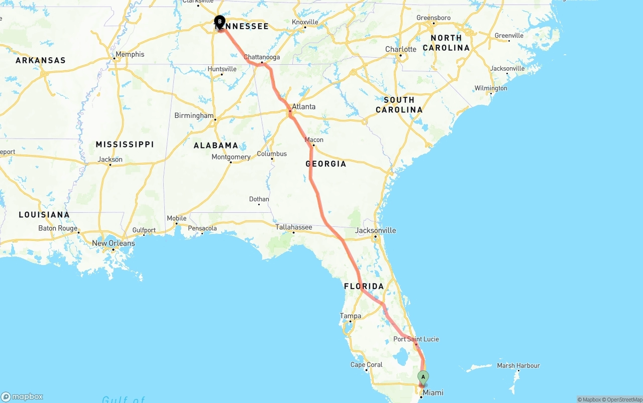 Shipping route from Port of Port Everglades to Tennessee