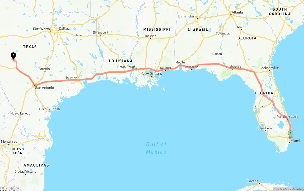 Shipping route from Port of Port Everglades to Texas