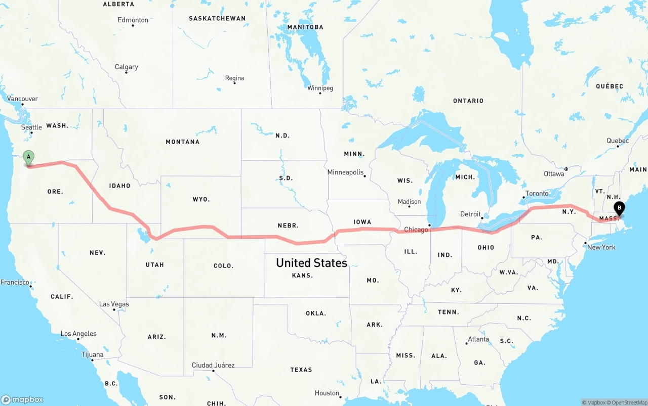Shipping route from Port of Portland to Boston