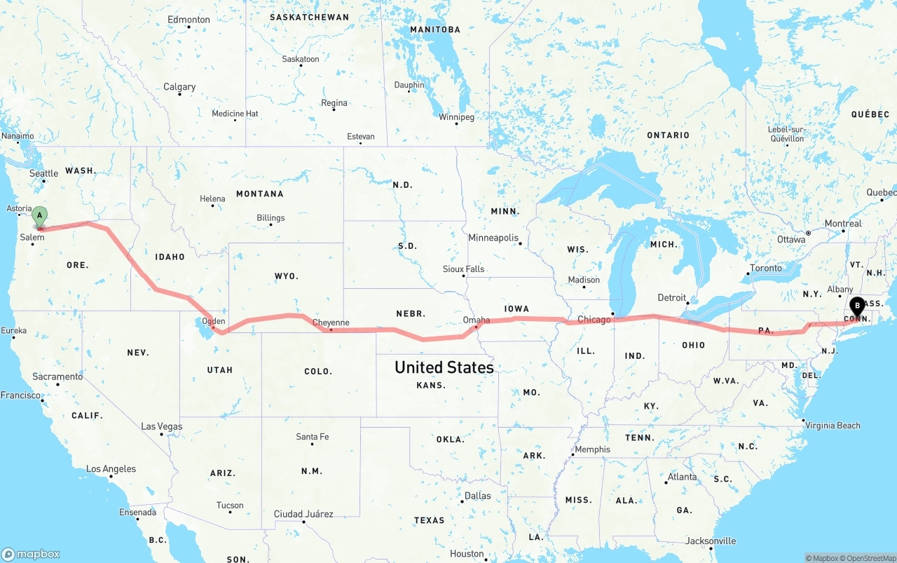 Shipping route from Port of Portland to Connecticut