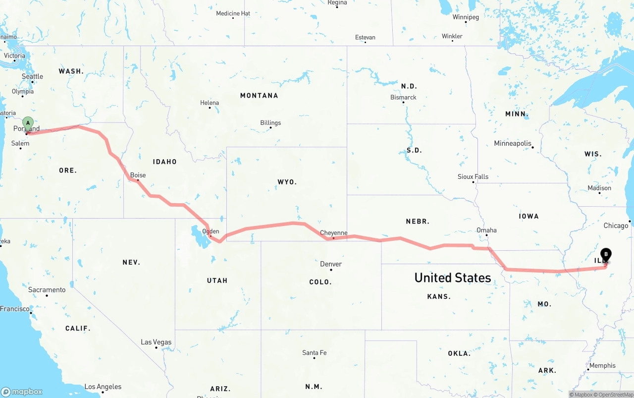 Shipping route from Port of Portland to Illinois