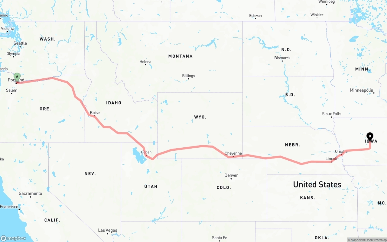 Shipping route from Port of Portland to Iowa