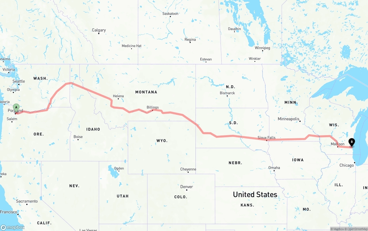 Shipping route from Port of Portland to Milwaukee