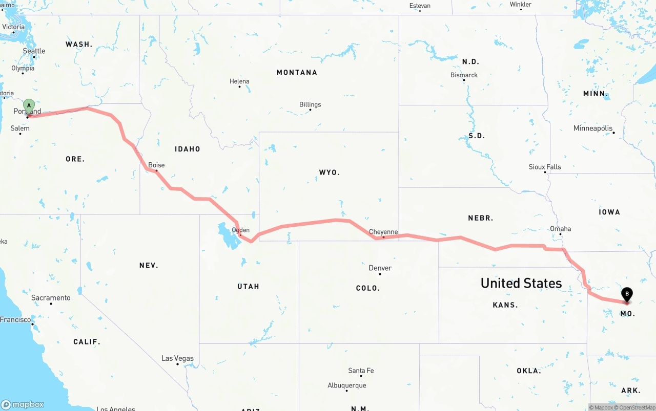 Shipping route from Port of Portland to Missouri