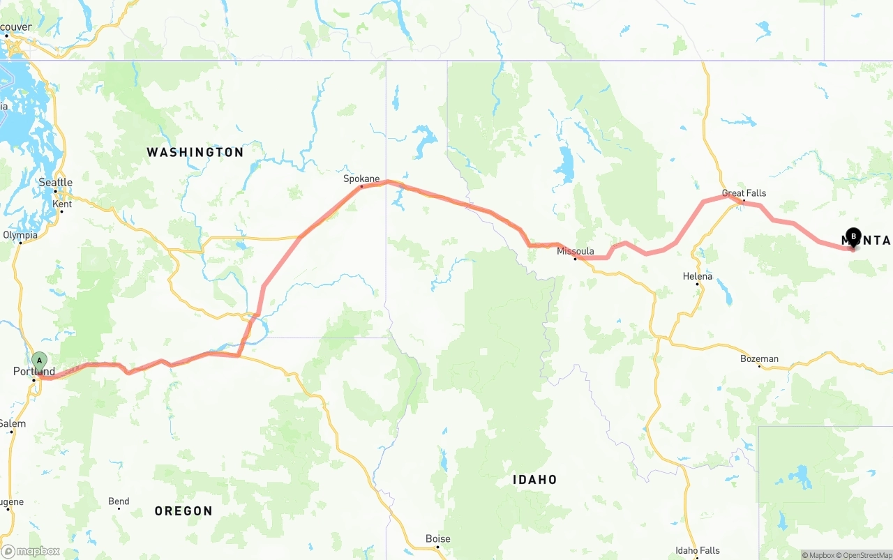 Shipping route from Port of Portland to Montana