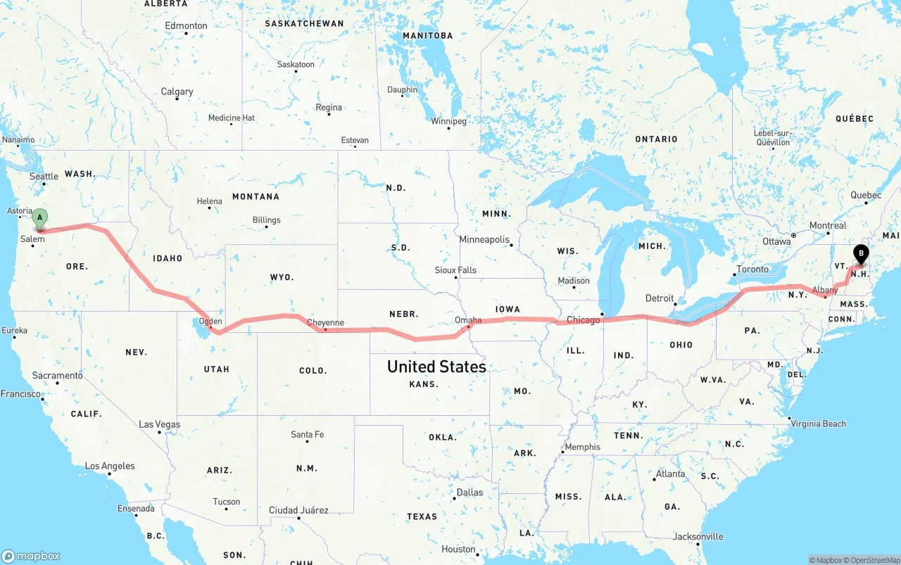 Shipping route from Port of Portland to New Hampshire