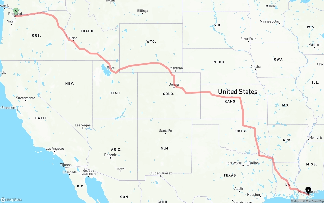 Shipping route from Port of Portland to New Orleans