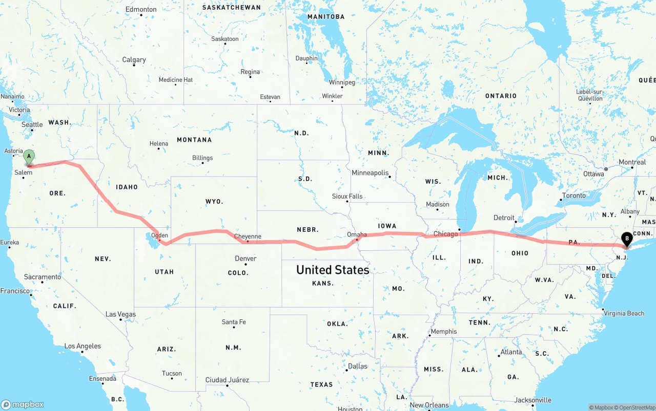 Shipping route from Port of Portland to New York City