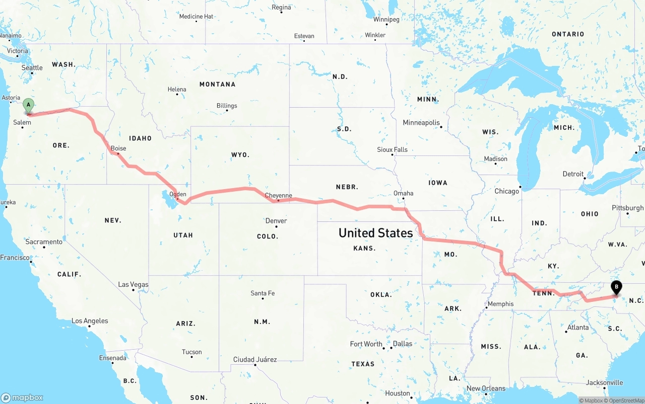 Shipping route from Port of Portland to North Carolina