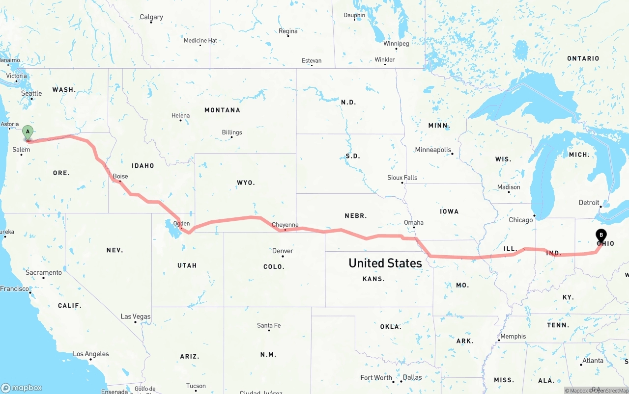 Shipping route from Port of Portland to Ohio