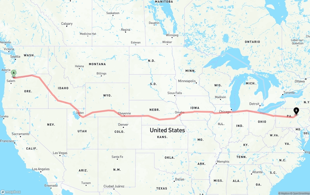 Shipping route from Port of Portland to Pennsylvania