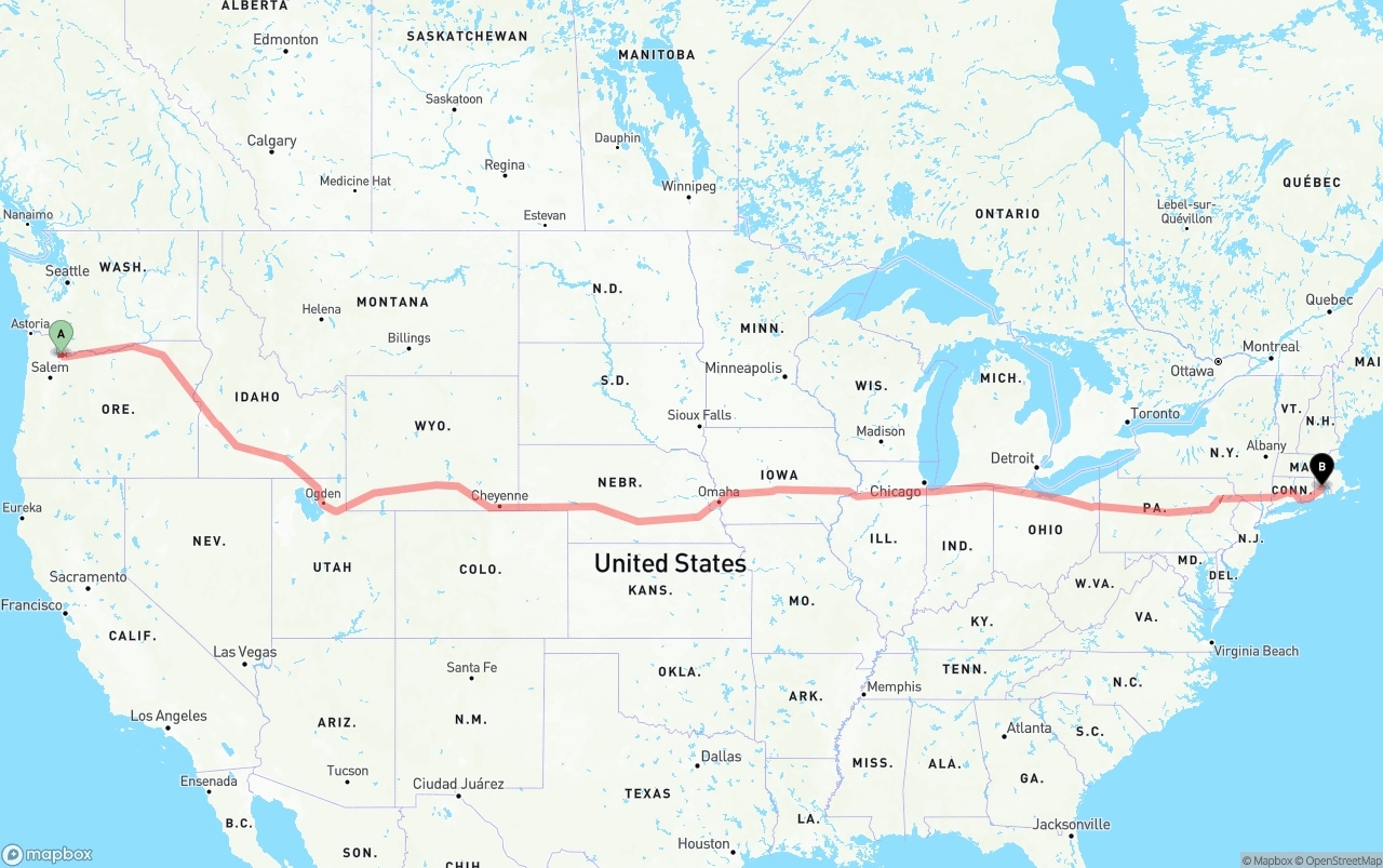 Shipping route from Port of Portland to Rhode Island