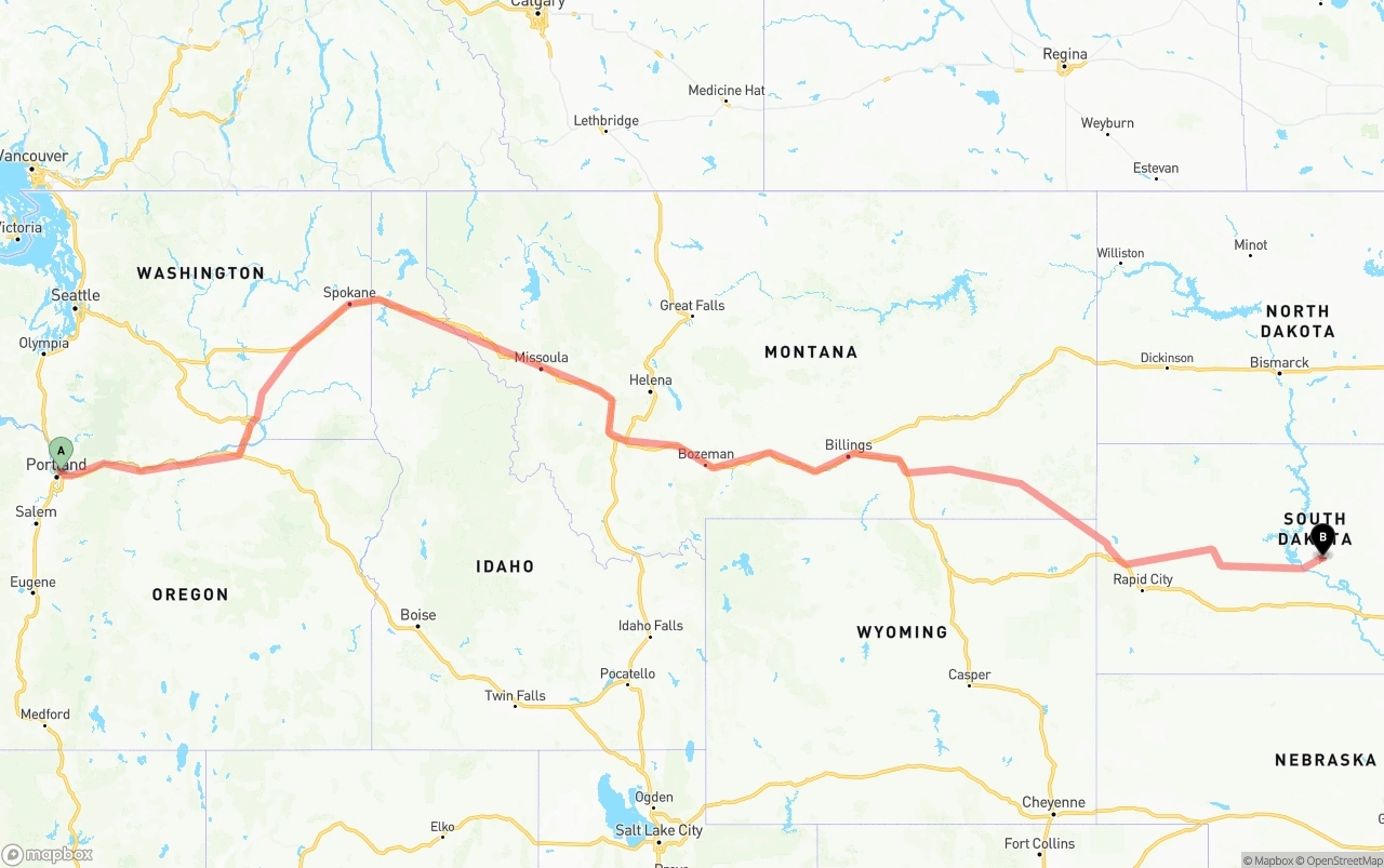 Shipping route from Port of Portland to South Dakota