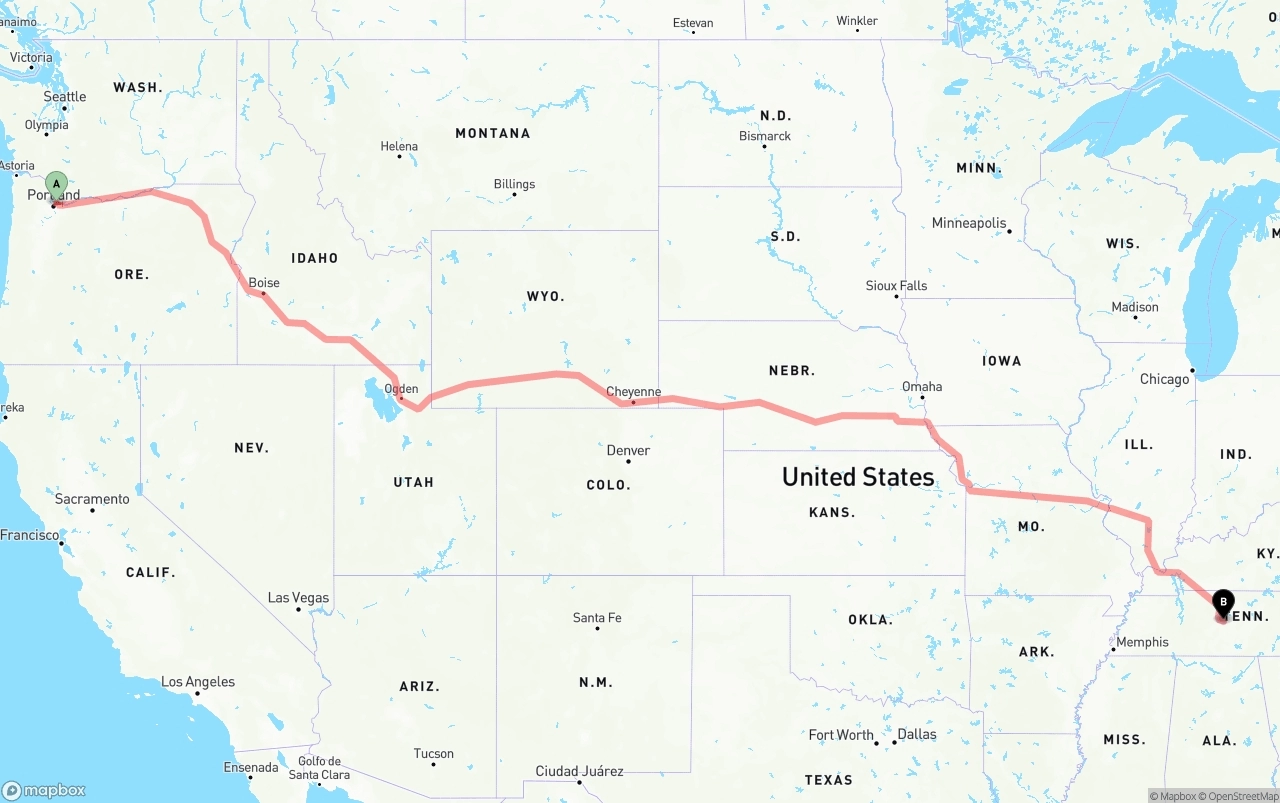 Shipping route from Port of Portland to Tennessee
