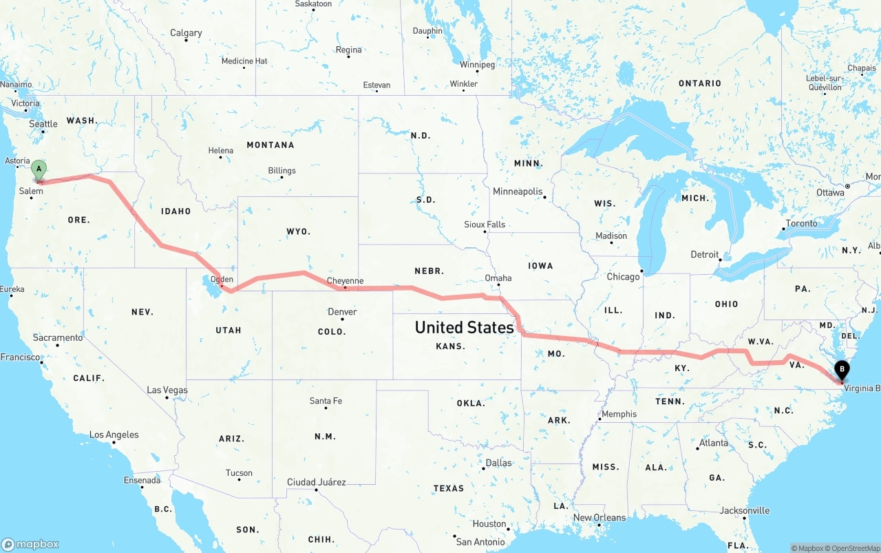 Shipping route from Port of Portland to Virginia Beach