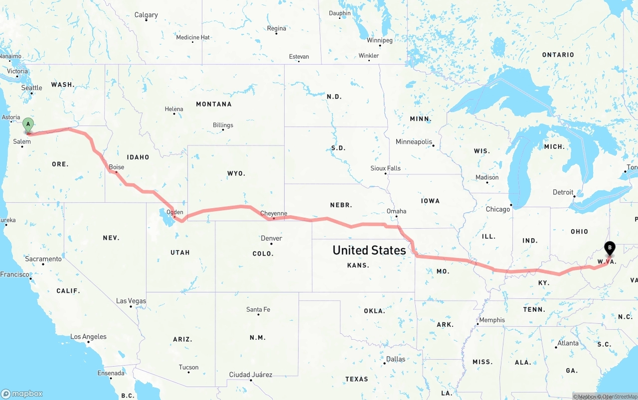 Shipping route from Port of Portland to West Virginia
