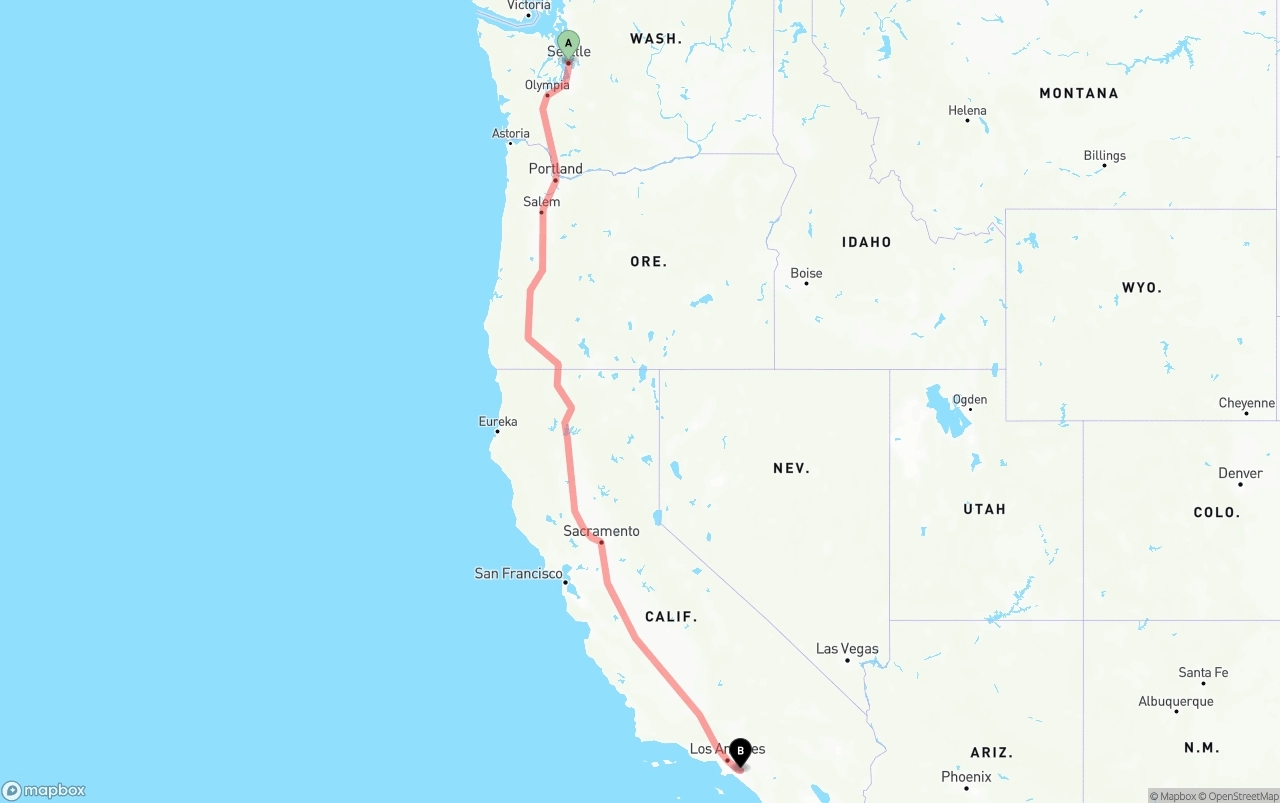 Shipping route from Port of Seattle to Anaheim