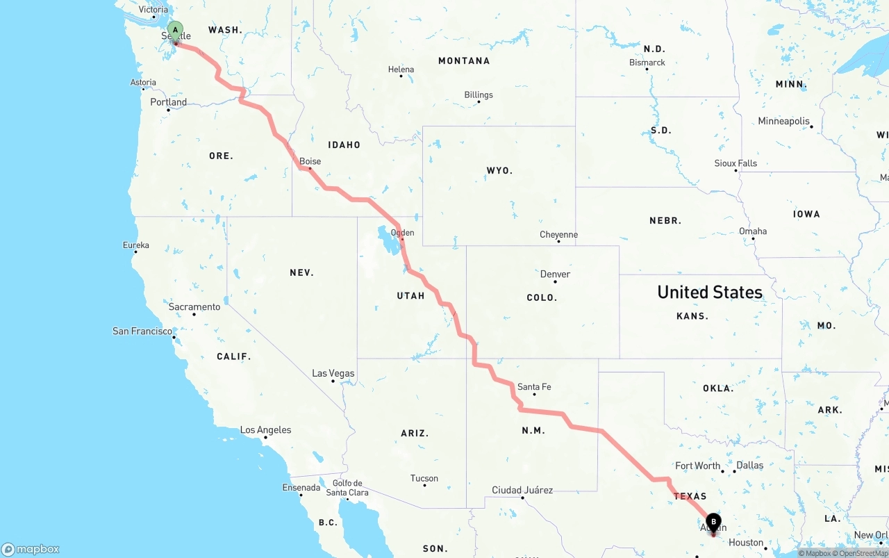 Shipping route from Port of Seattle to Austin