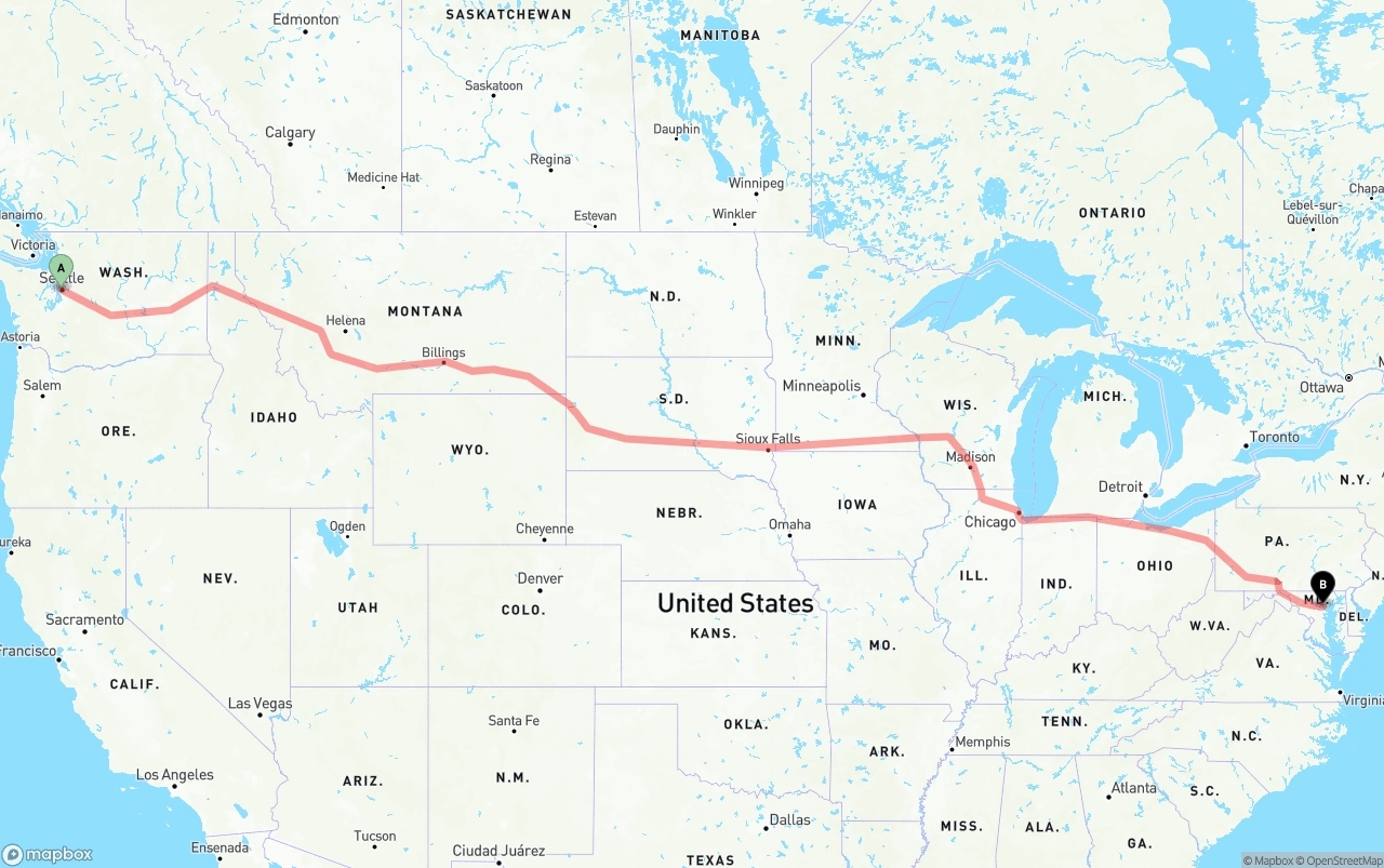 Shipping route from Port of Seattle to Baltimore