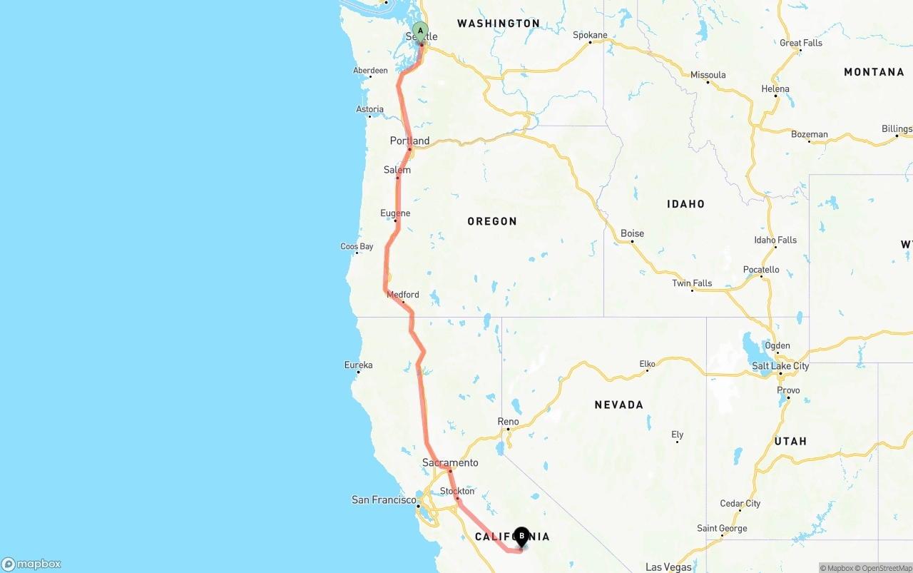 Shipping route from Port of Seattle to California