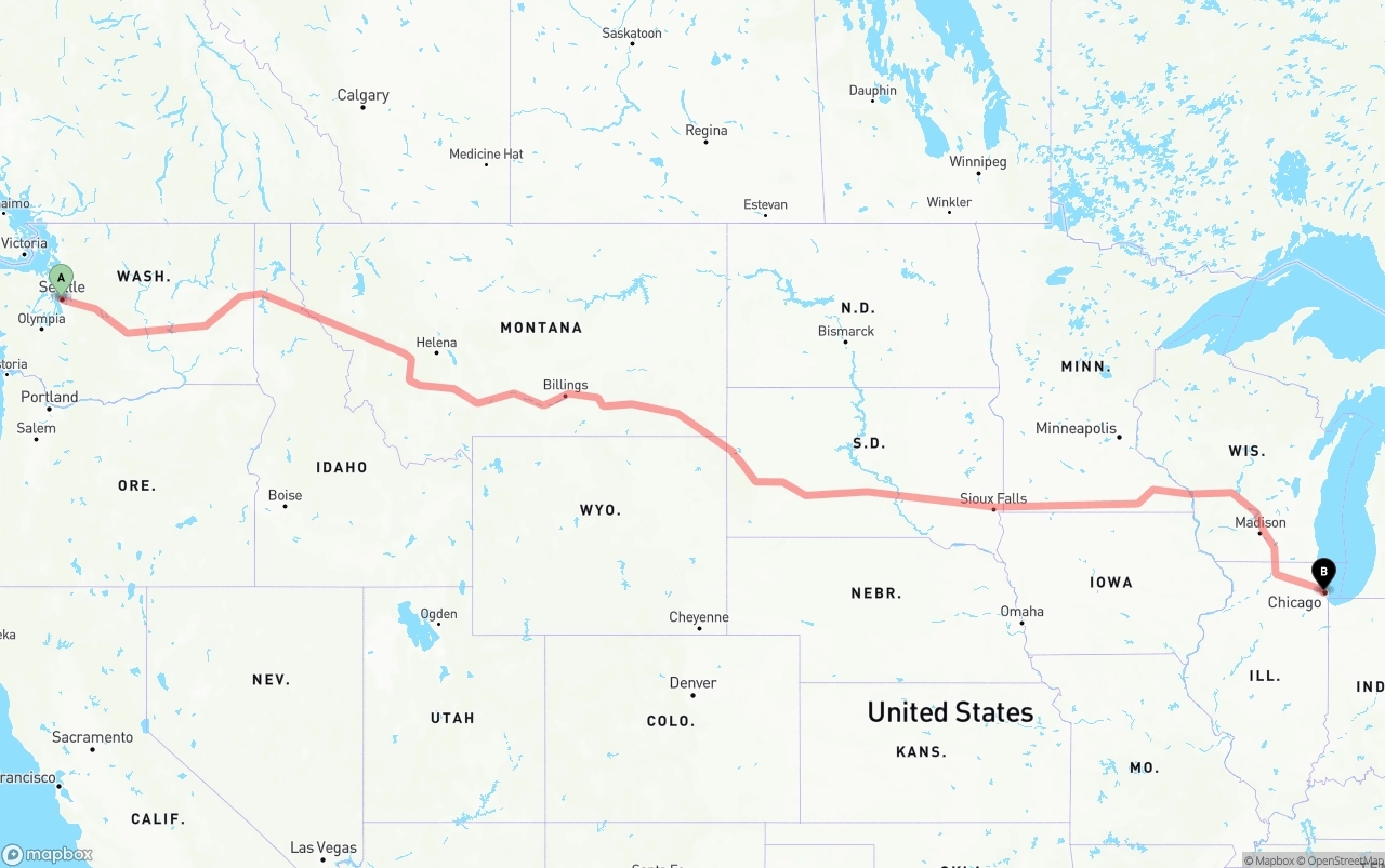 Shipping route from Port of Seattle to Chicago