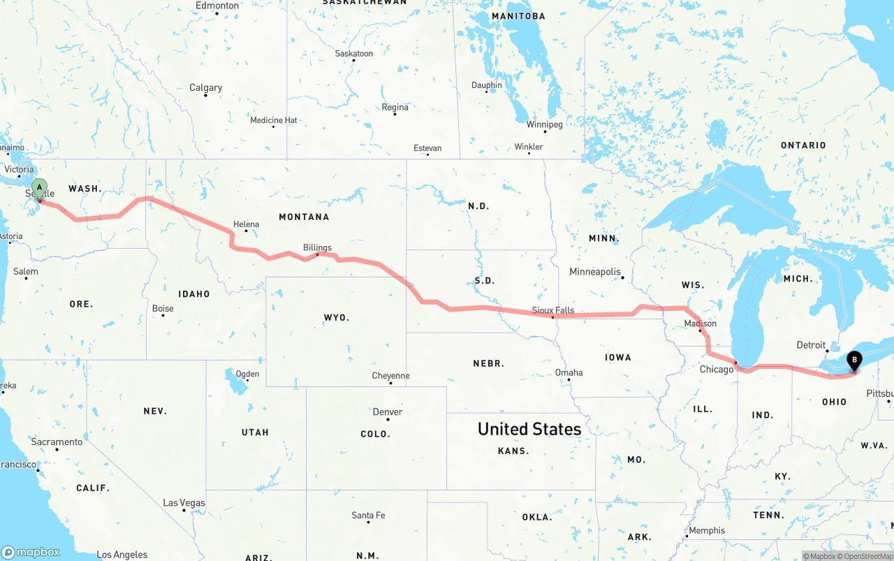 Shipping route from Port of Seattle to Cleveland