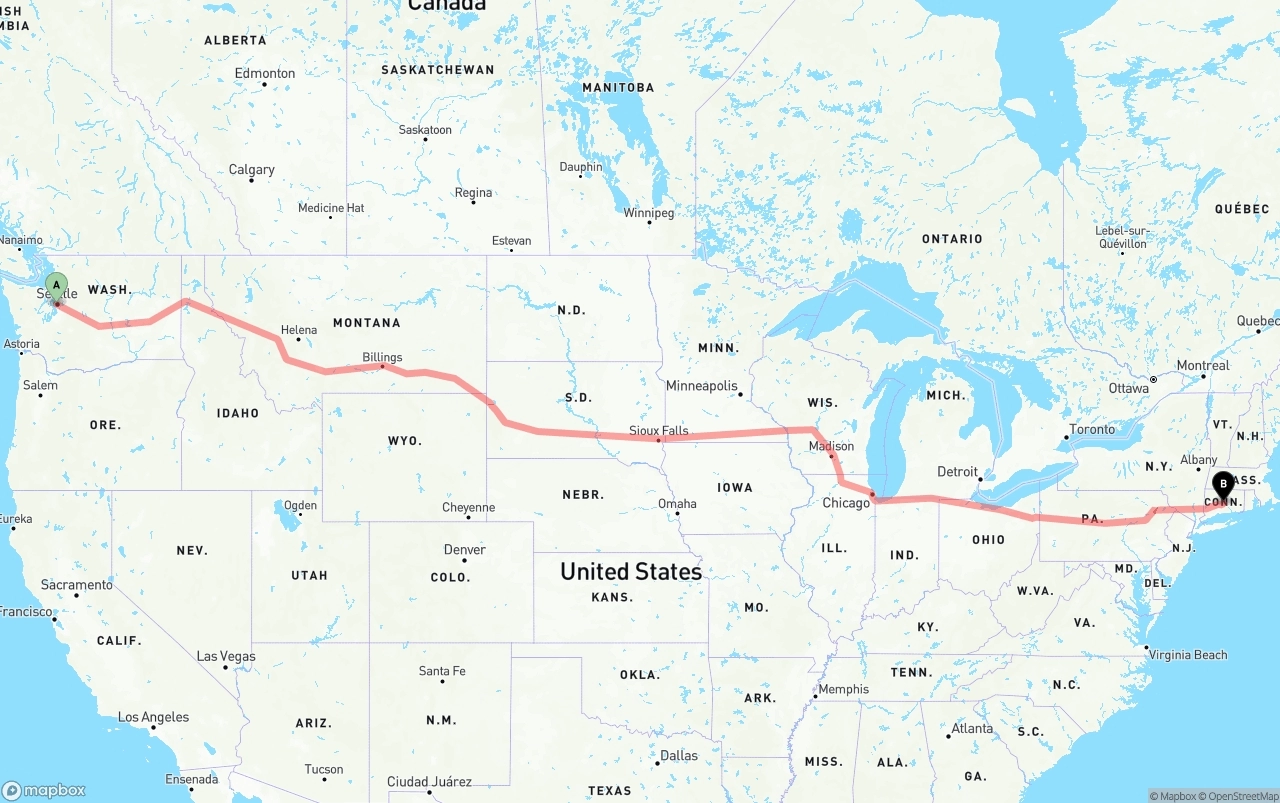 Shipping route from Port of Seattle to Connecticut