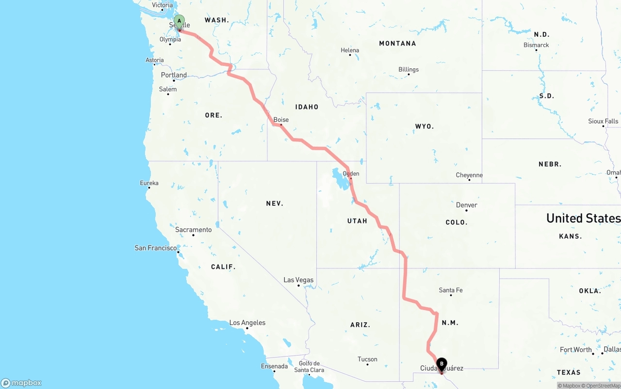 Shipping route from Port of Seattle to El Paso