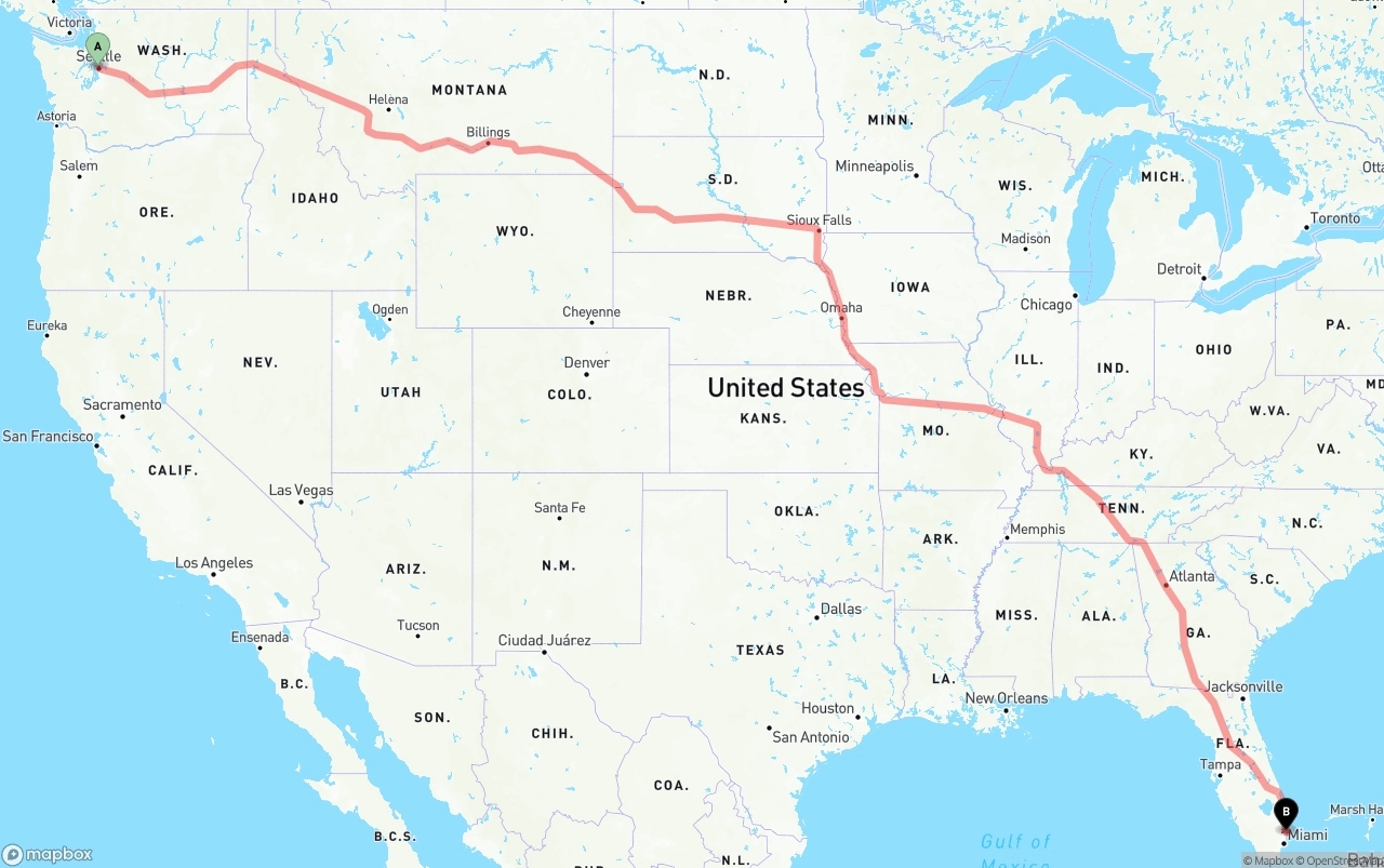 Shipping route from Port of Seattle to Ft. Lauderdale