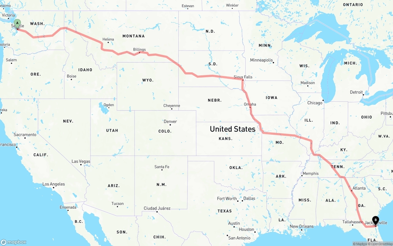 Shipping route from Port of Seattle to Jacksonville