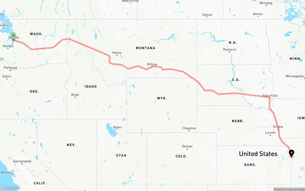 Shipping route from Port of Seattle to Kansas City