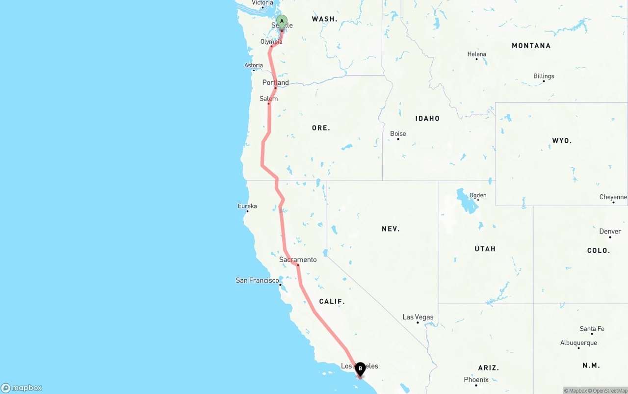 Shipping route from Port of Seattle to Long Beach