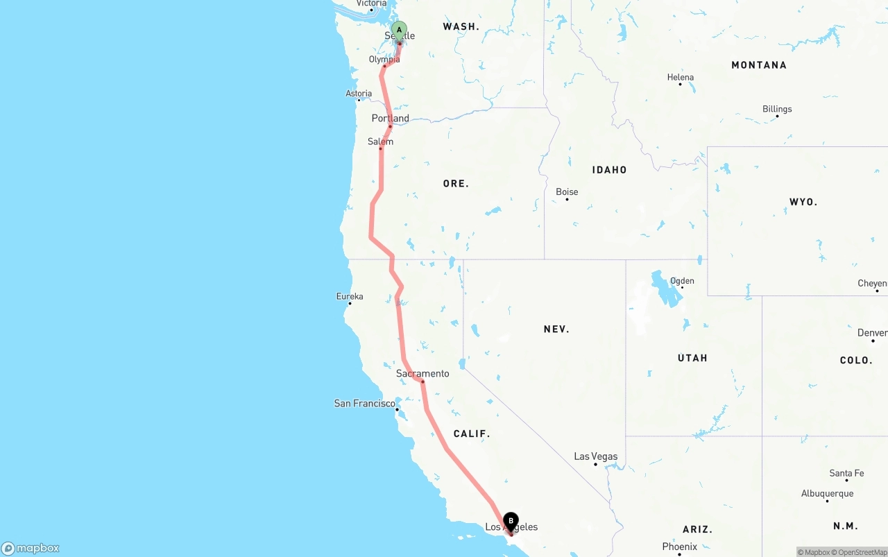 Shipping route from Port of Seattle to Los Angeles