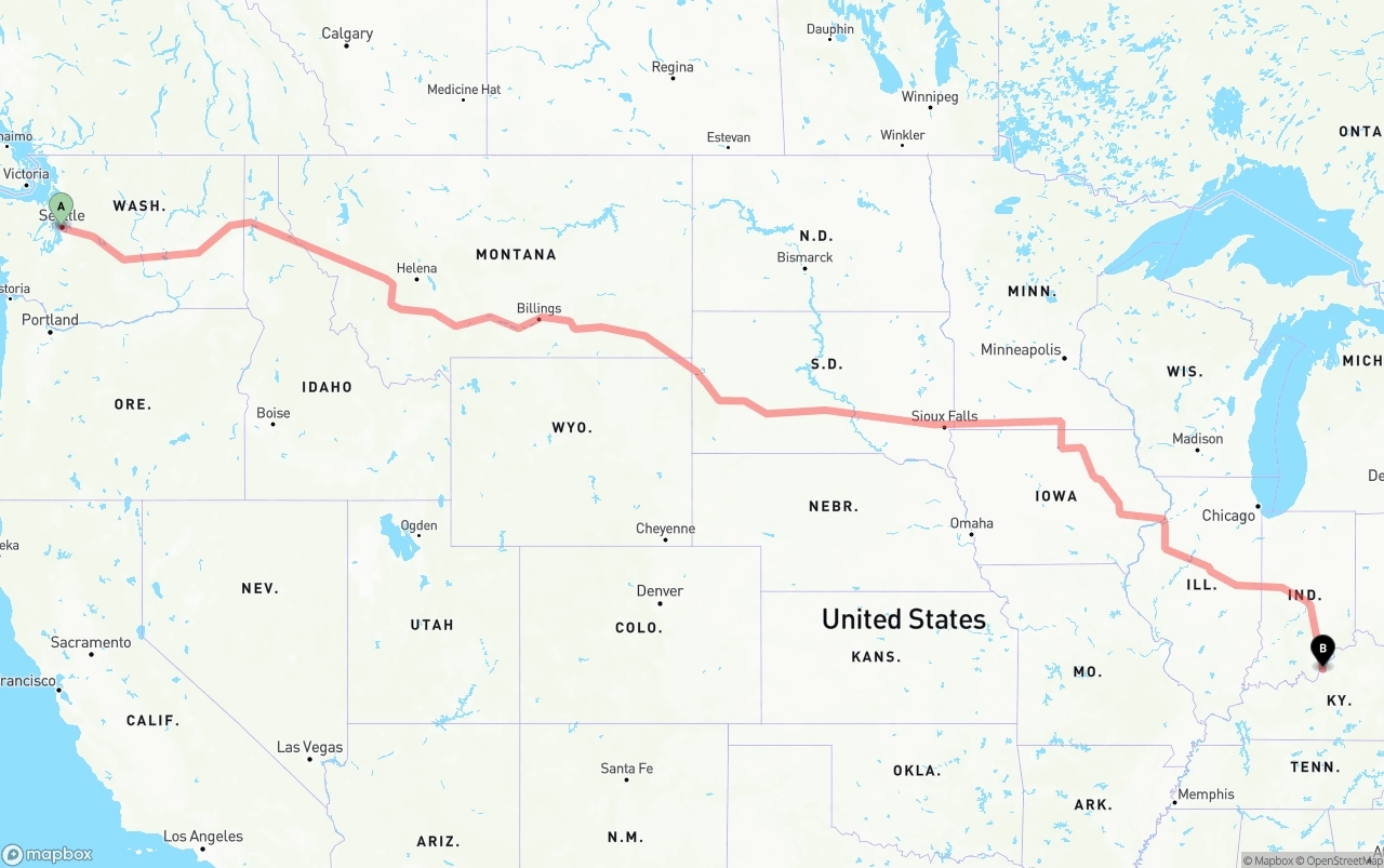 Shipping route from Port of Seattle to Louisville