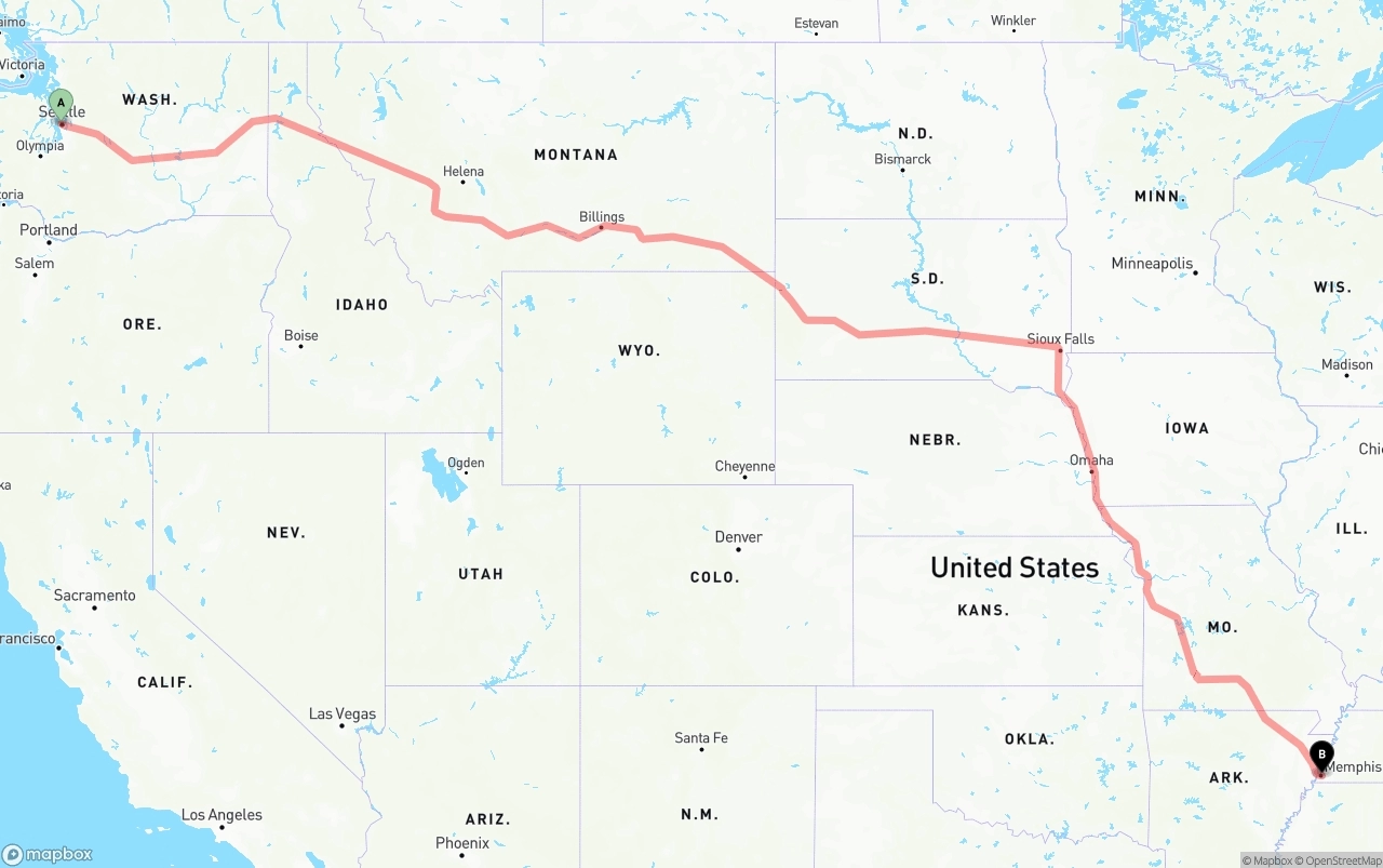 Shipping route from Port of Seattle to Memphis