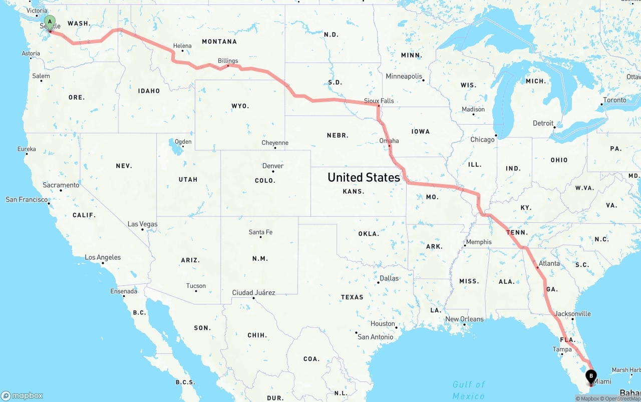 Shipping route from Port of Seattle to Miami