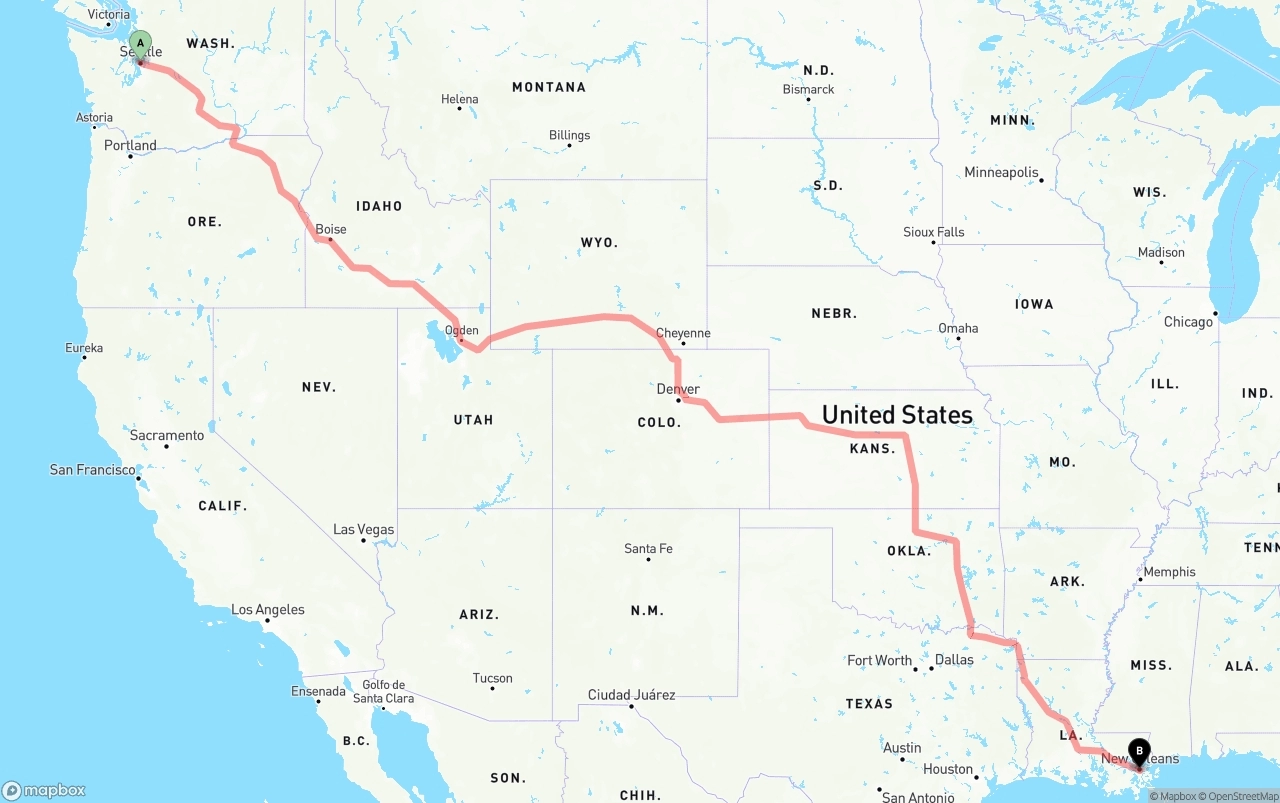 Shipping route from Port of Seattle to New Orleans