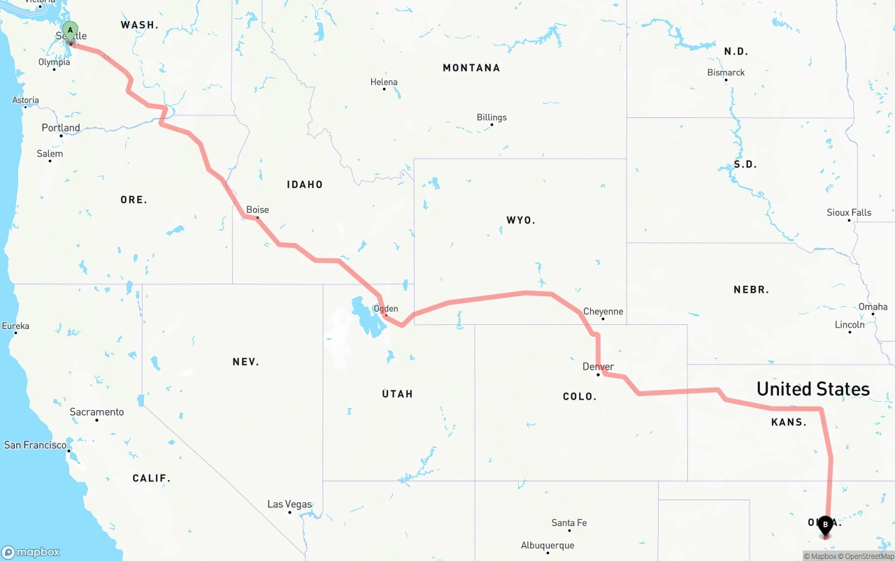Shipping route from Port of Seattle to Oklahoma City