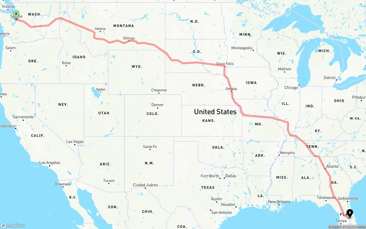Shipping route from Port of Seattle to Orlando