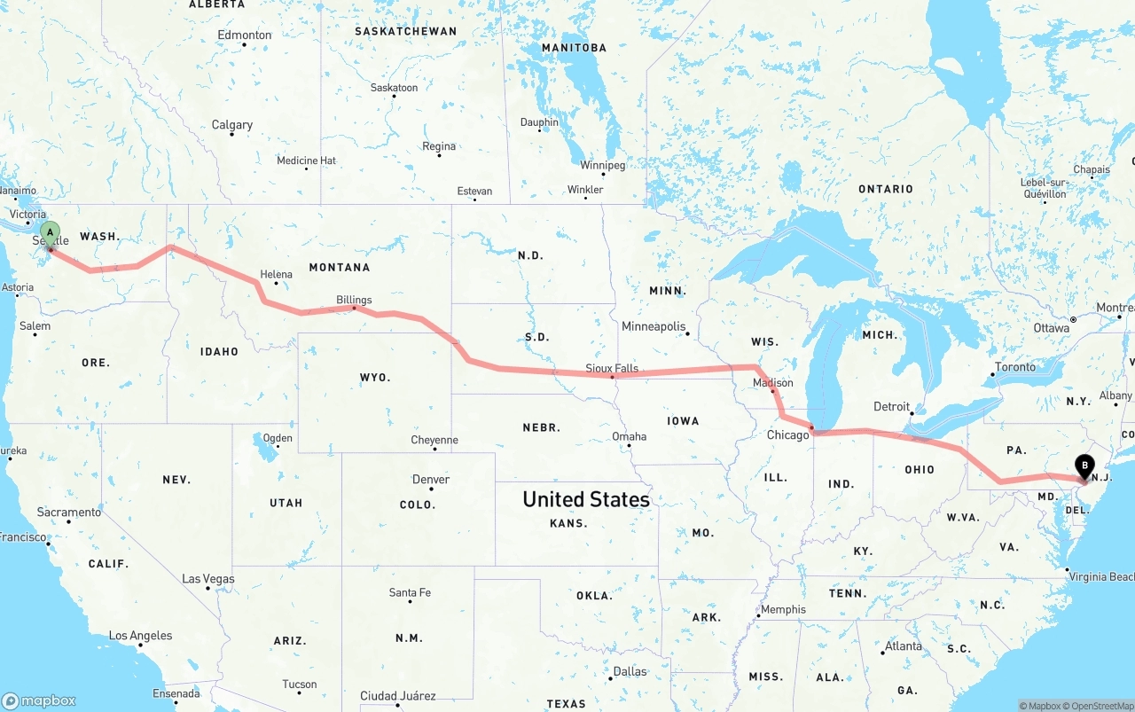 Shipping route from Port of Seattle to Philadelphia